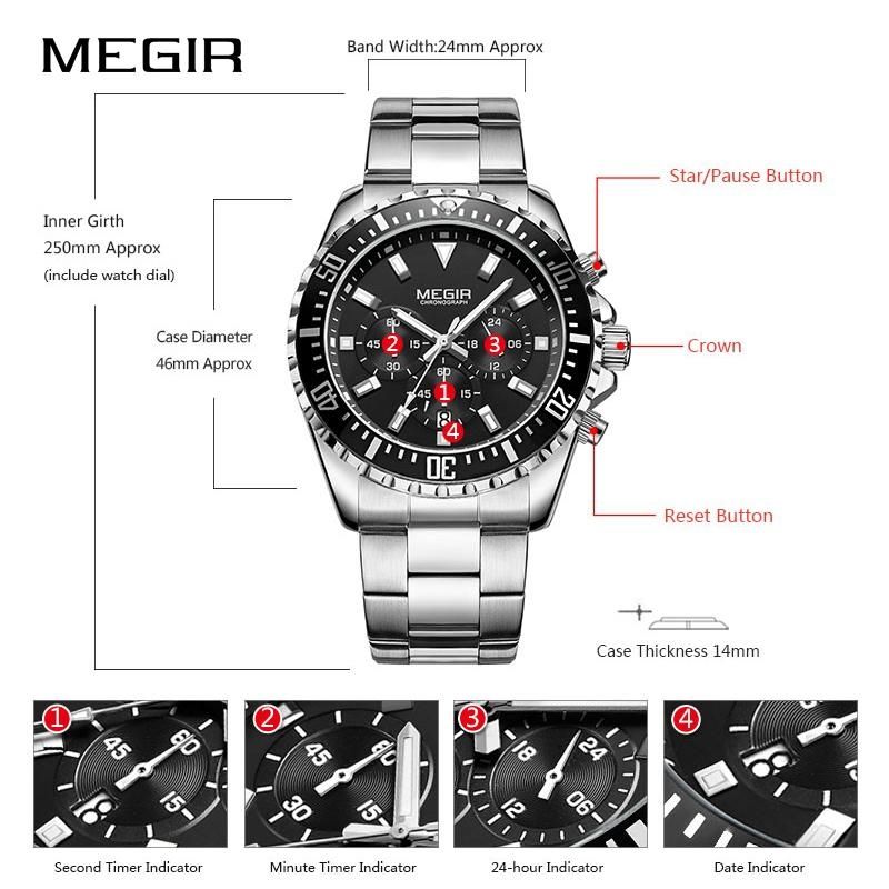 New MEGIR Watches Mens Top Luxury Brand Steel Strap Quartz Wristwatch Men Military Army Sport Clock Chronograph Male Watch 2064