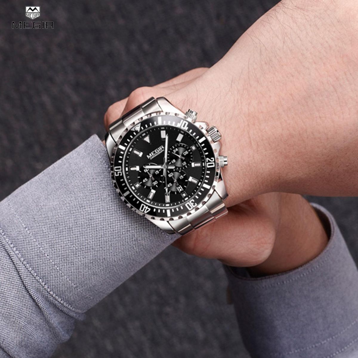 New MEGIR Watches Mens Top Luxury Brand Steel Strap Quartz Wristwatch Men Military Army Sport Clock Chronograph Male Watch 2064