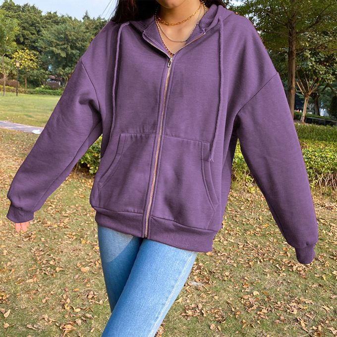 Casual Sweatshirt Zipper Outwear Loose Pocket Collar Sleeve Purple 2XL