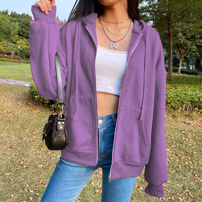 Casual Sweatshirt Zipper Outwear Loose Pocket Collar Sleeve Purple 2XL