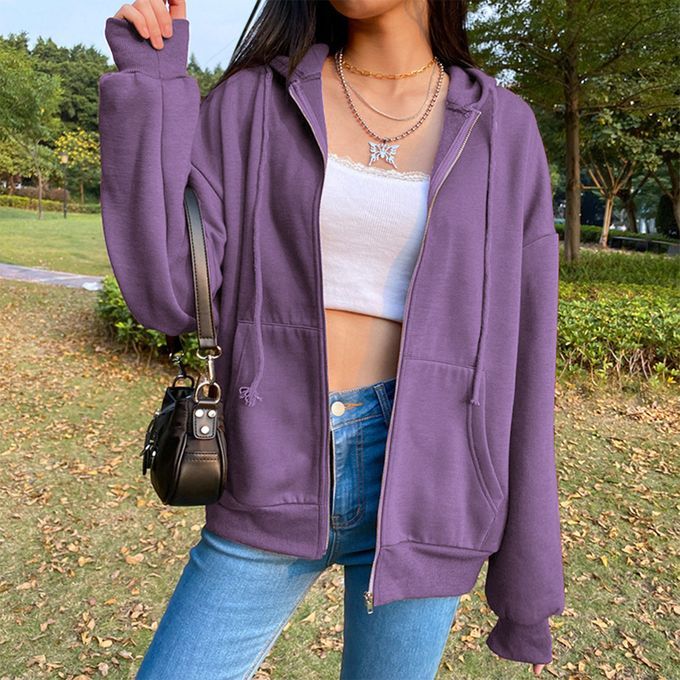 Casual Sweatshirt Zipper Outwear Loose Pocket Collar Sleeve Purple 2XL