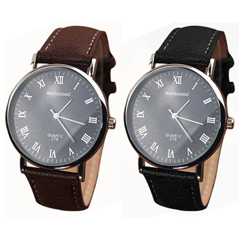 Men\'s Roman Numerals Dial Faux Leather Band Quartz-Black