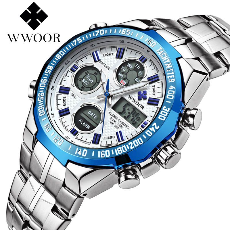 Mens Watches Top Brand Luxury Quartz Analog LED Digital Sports Watch Men Gold Military Wrist Watch Male Clock Relogio Mas(#silver Blue)