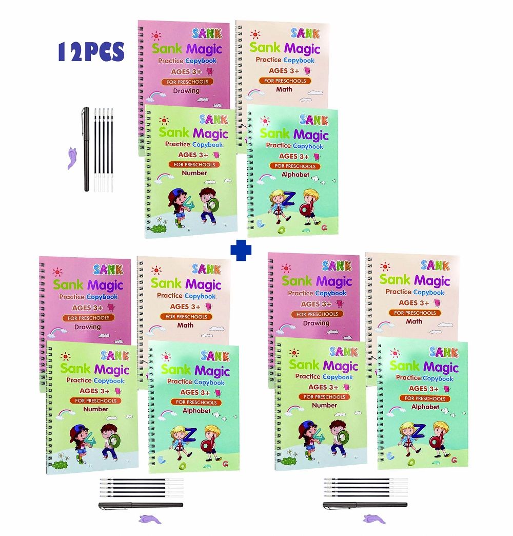 12pcs - 4 In1 Reusable Calligraphy Magic Kids Practice Book
