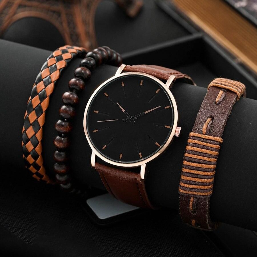 1pc Men Business Fashion Casual Round Pointer Quartz Watches 3pc Bracelet