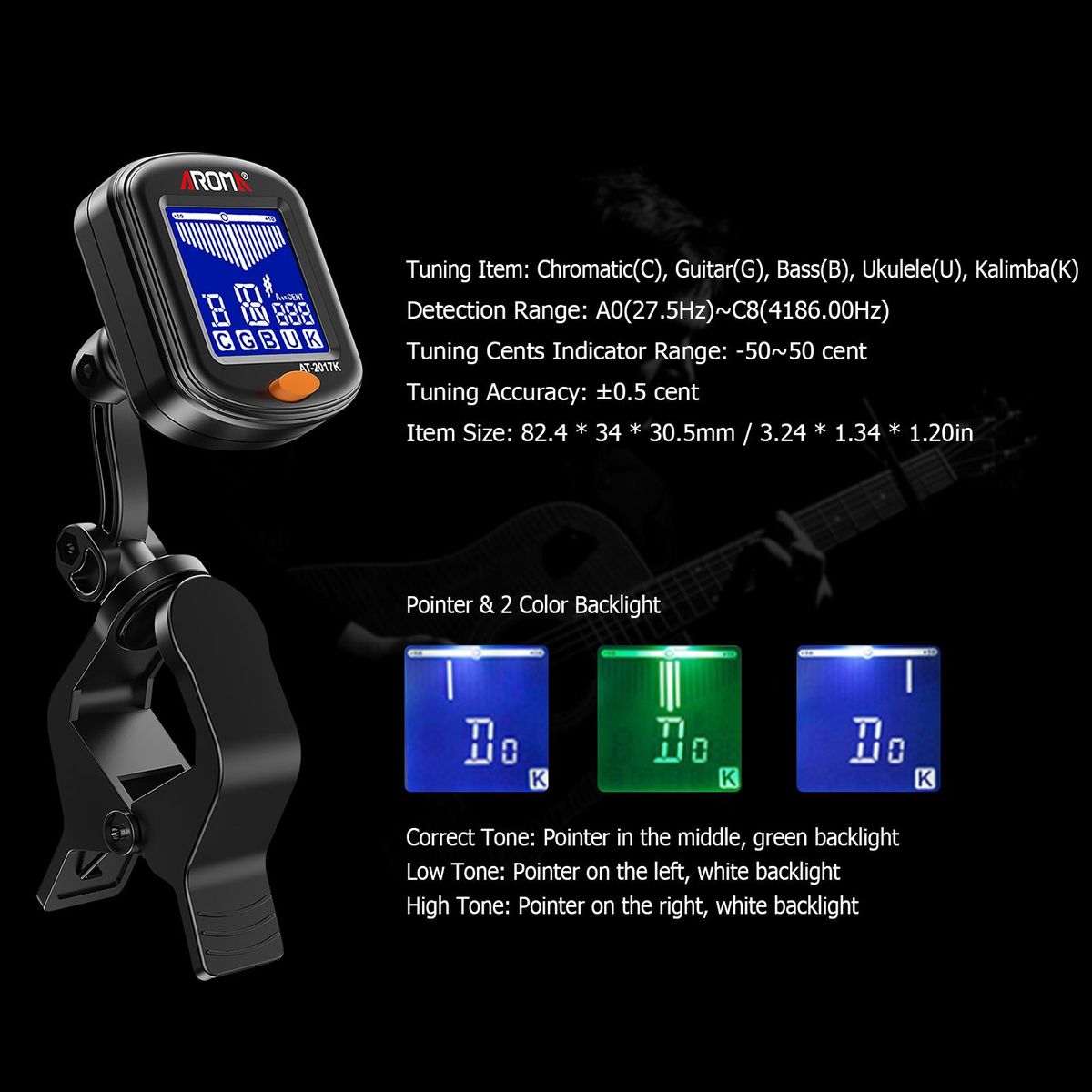 AROMA Clip-on Tuner Mini Portable Digital Tuning Device Multi-function LCD Display Rotating Clip for Chromatic Guitar Bass Ukulele
