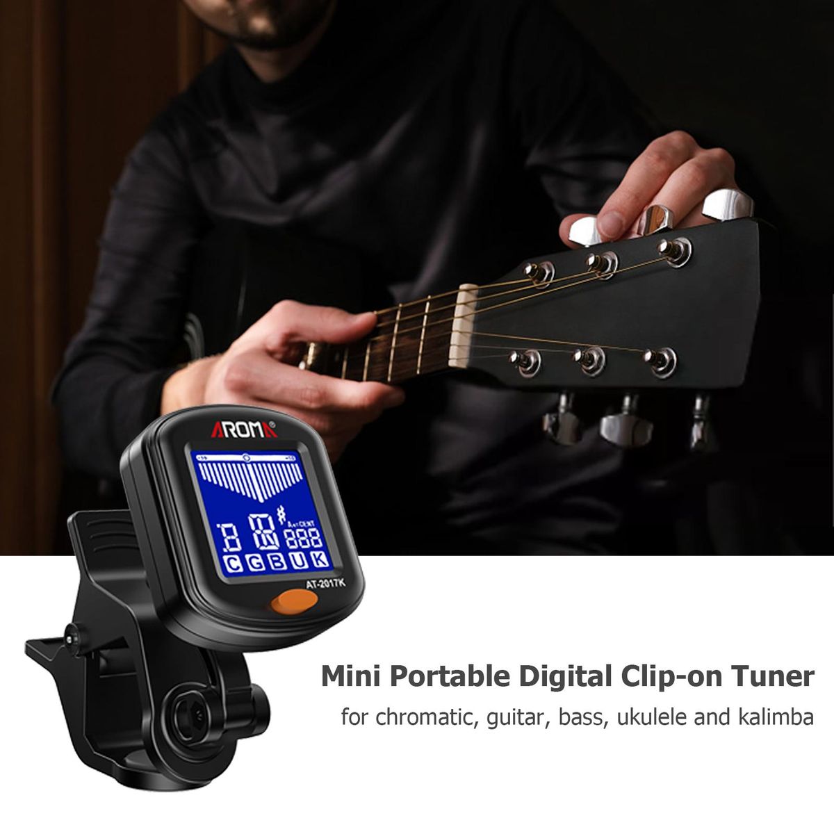 AROMA Clip-on Tuner Mini Portable Digital Tuning Device Multi-function LCD Display Rotating Clip for Chromatic Guitar Bass Ukulele
