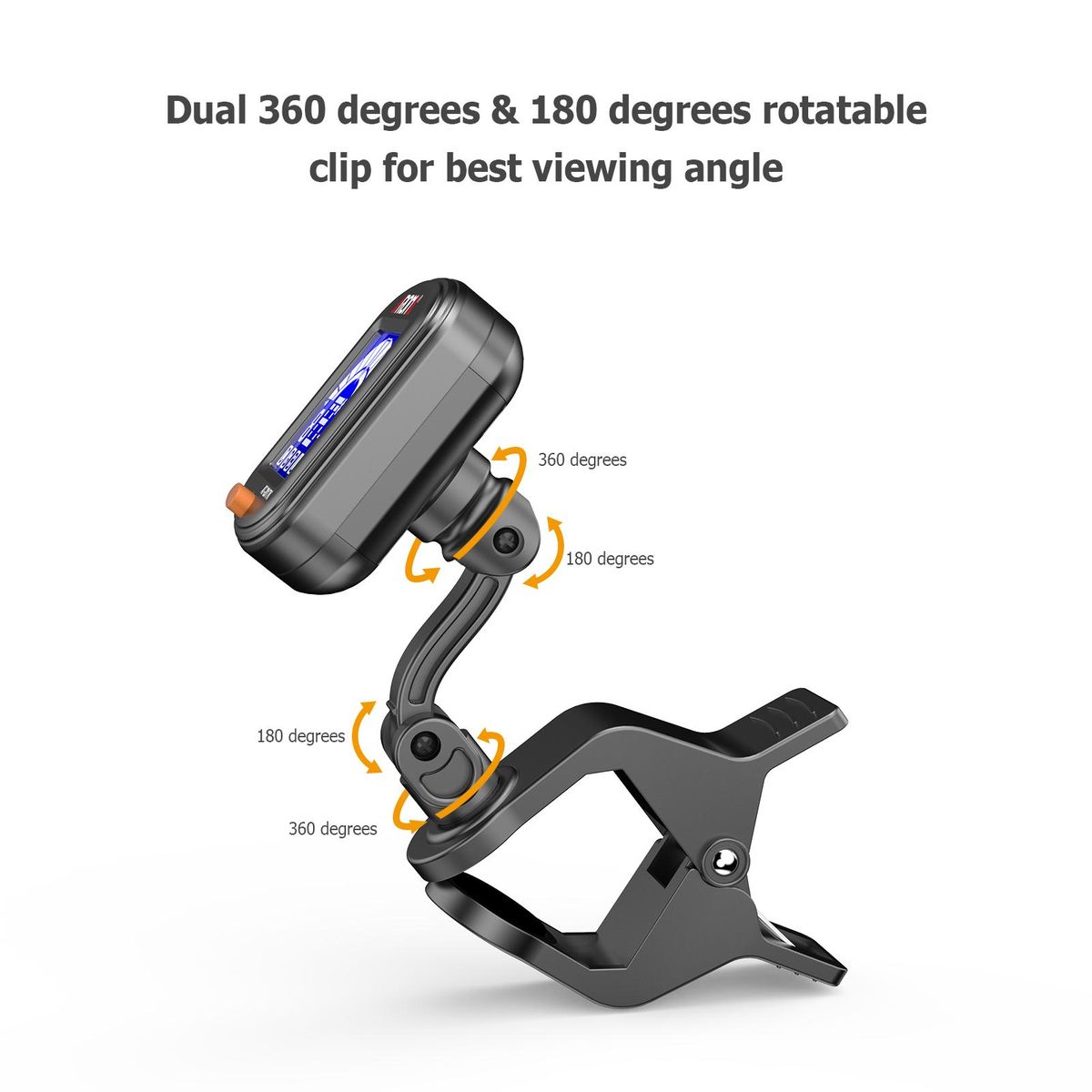 AROMA Clip-on Tuner Mini Portable Digital Tuning Device Multi-function LCD Display Rotating Clip for Chromatic Guitar Bass Ukulele