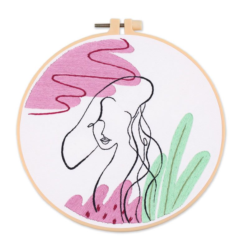 Outline Art Embroidery Kit DIY Needlework Abstractionist Human Outline Pattern Needlecraft For Beginner Cross Stitch(With Hoop) C