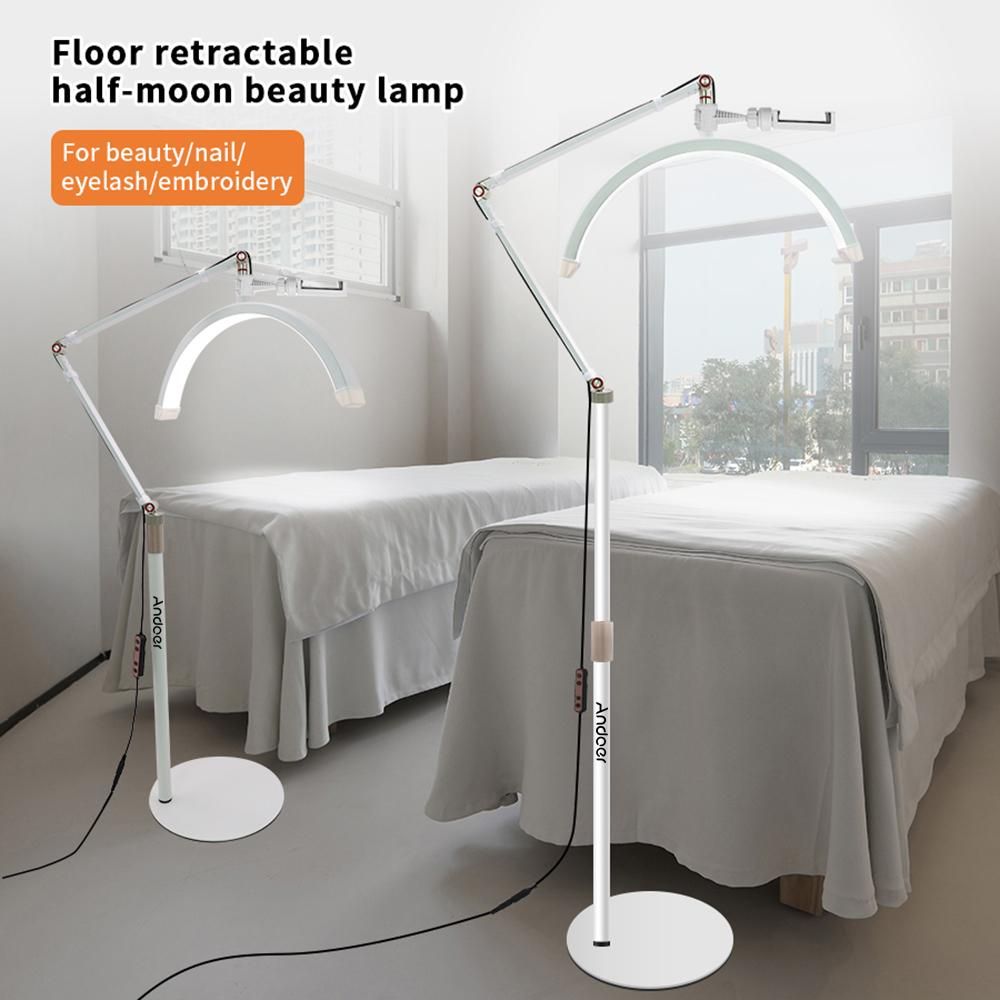 Andoer HD-M2X 20W Floor LED Video Light Half-moon Shaped Fill Light 3000K-6000K Dimmable with Adjustable Metal Light Stand Phone Holder for Beauty Salon Makeup Live Streaming Bedside Light