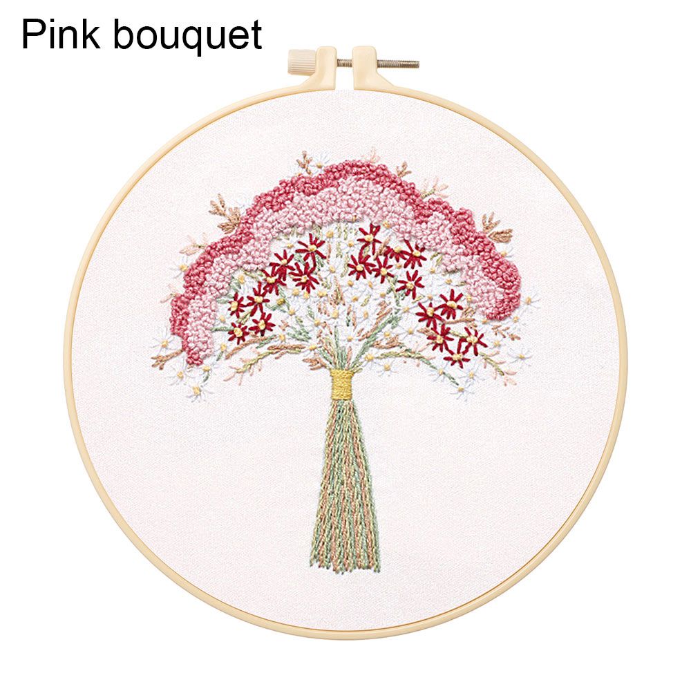 DIY Embroidery Set Beginner Floral Bouquet Handwork Needlework Cross Stitch Ribbon Painting Without Embroidery Hoop Home Decor Pink