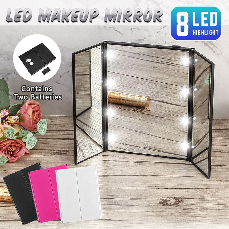 Tri-Fold Foldable LED Vanity Makeup Mirrors Led Light Glass Travel Compact Table Black