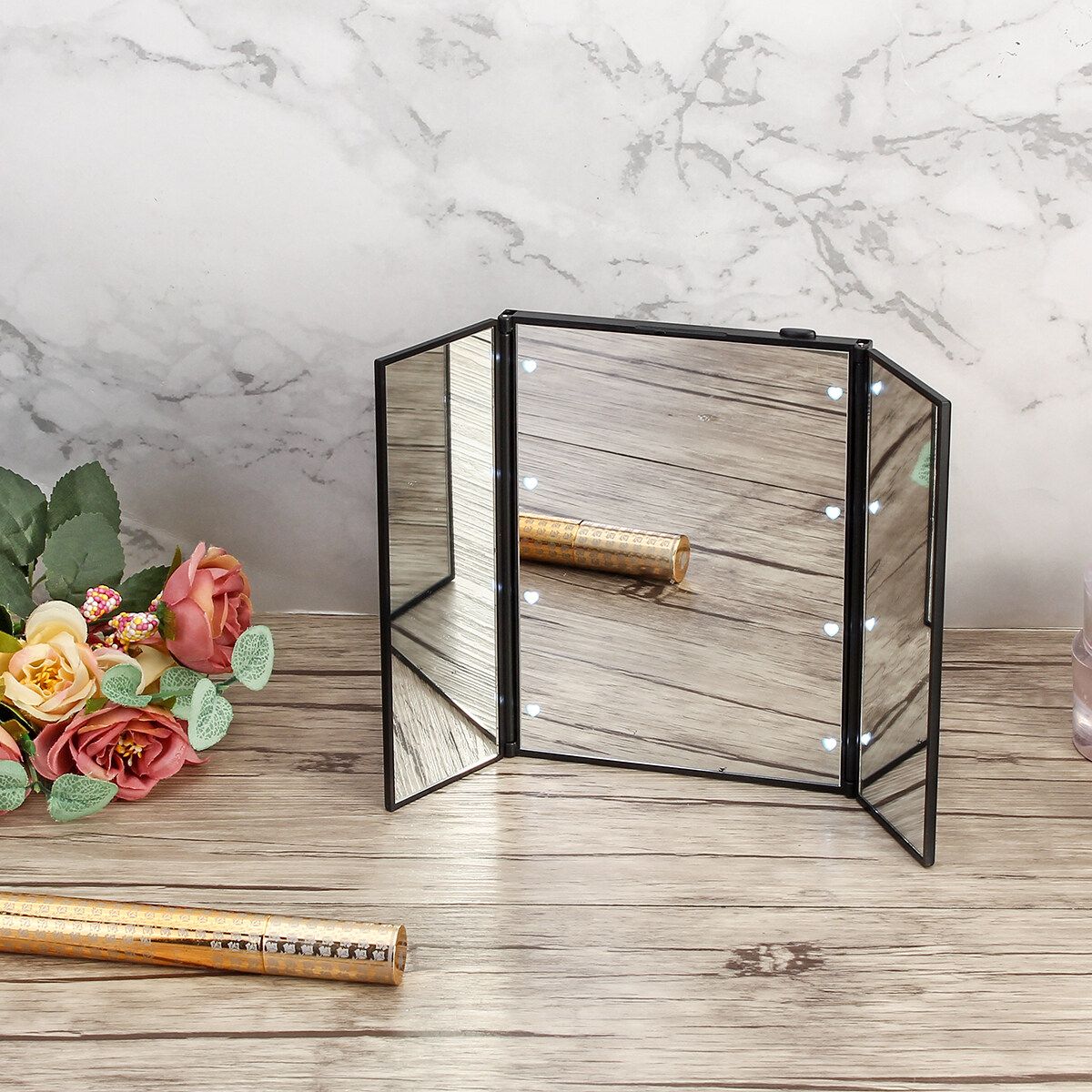 Tri-Fold Foldable LED Vanity Makeup Mirrors Led Light Glass Travel Compact Table Black