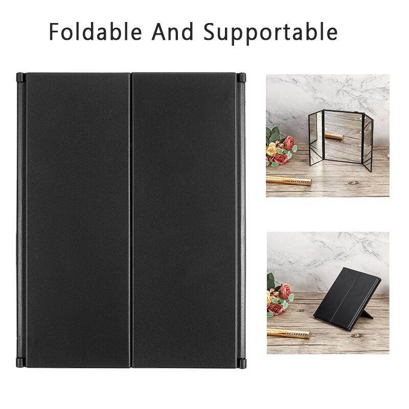 Tri-Fold Foldable LED Vanity Makeup Mirrors Led Light Glass Travel Compact Table Black