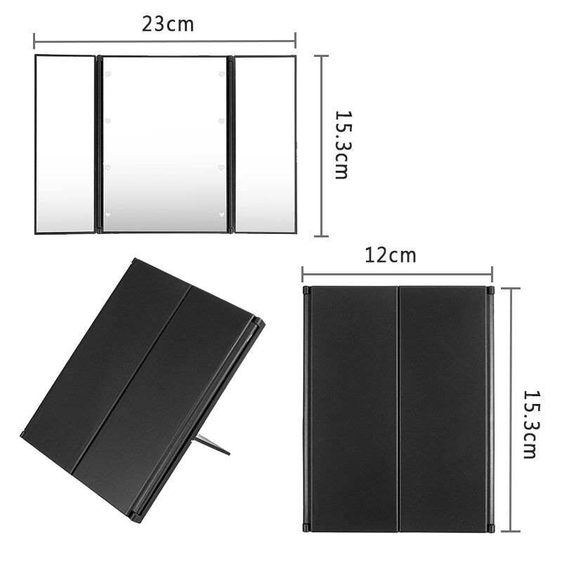 Tri-Fold Foldable LED Vanity Makeup Mirrors Led Light Glass Travel Compact Table Black