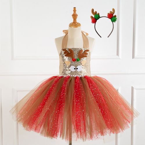 Girls Dress [Christmas Elk*Cartoon*Free Headwear]-Brown