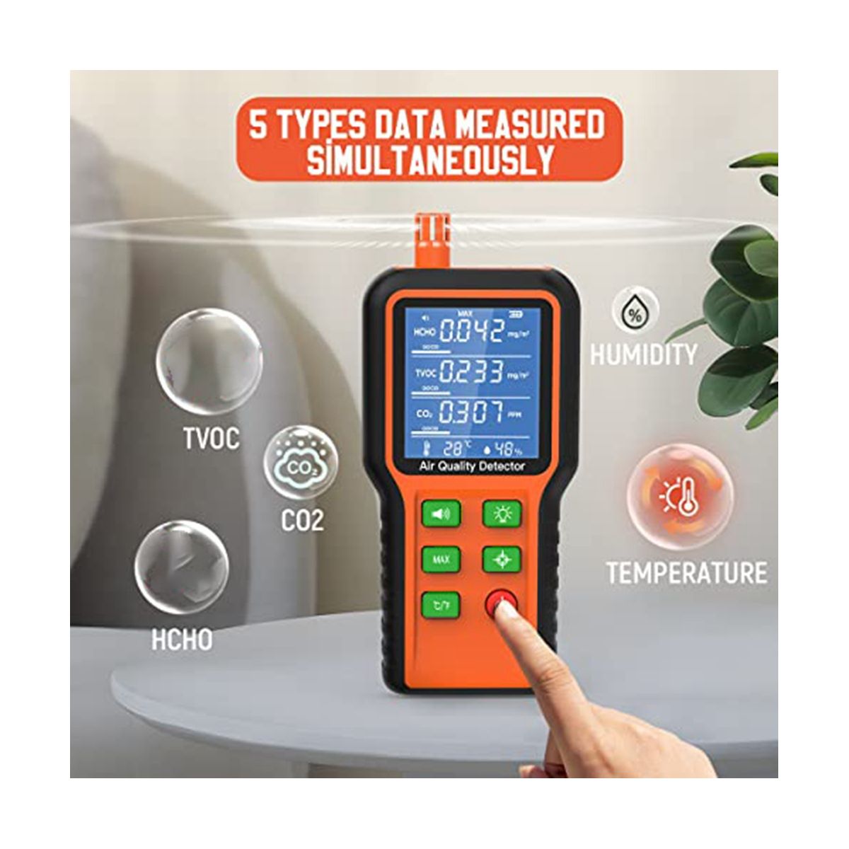 Air Quality Monitor Indoor 5-In-1 Air Quality Tester, Air Quality Meter Test Kit for House CO2, TVOC, HCHO, Humidity