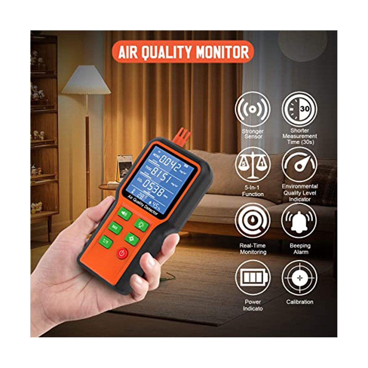 Air Quality Monitor Indoor 5-In-1 Air Quality Tester, Air Quality Meter Test Kit for House CO2, TVOC, HCHO, Humidity