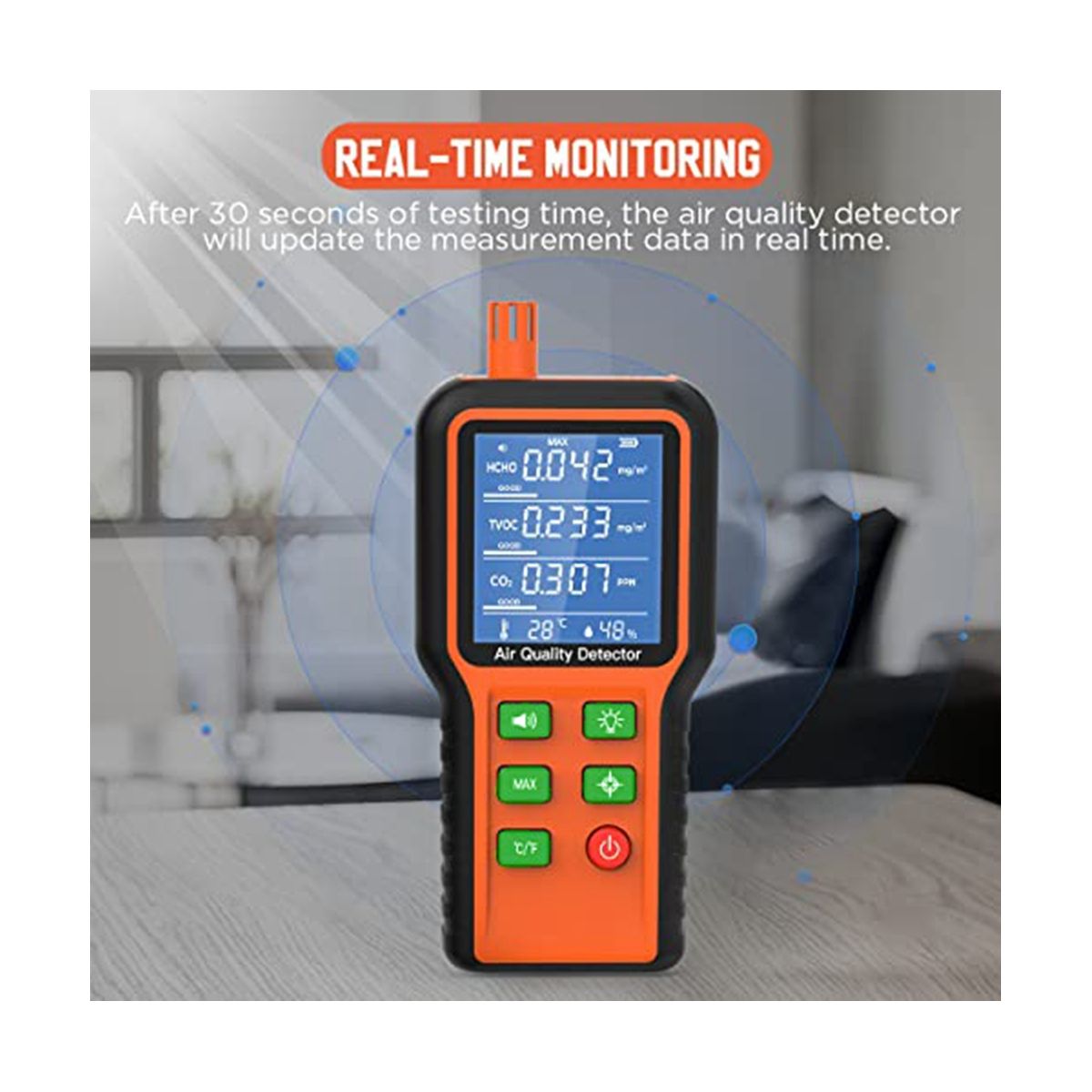 Air Quality Monitor Indoor 5-In-1 Air Quality Tester, Air Quality Meter Test Kit for House CO2, TVOC, HCHO, Humidity