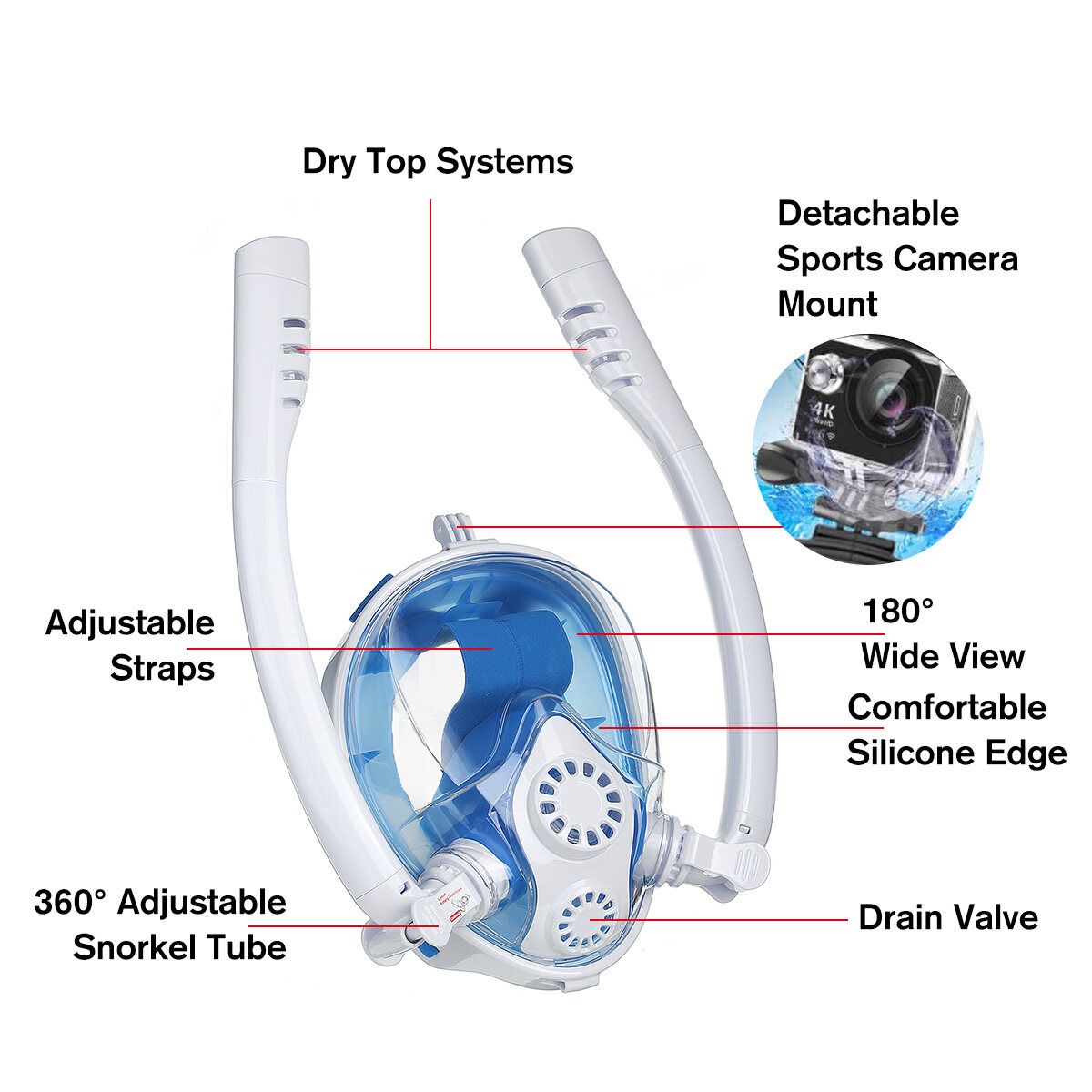 180° TWO Intake Tubes Silicone Diving Mirror Anti Fog Detachable Dry Snorkeling Full Face Set Scuba Diving Underwater Wide View Snorkel Swimming [XS/S/M/L/XL] For Adult Youth Child Blue L XL For Adult