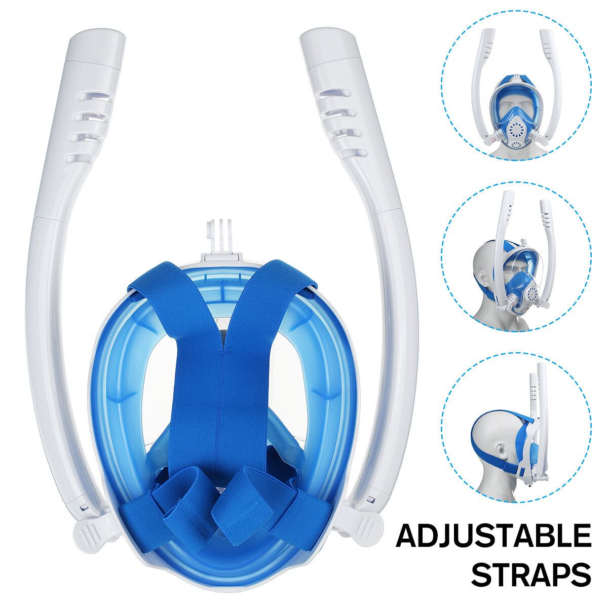 180° TWO Intake Tubes Silicone Diving Mirror Anti Fog Detachable Dry Snorkeling Full Face Set Scuba Diving Underwater Wide View Snorkel Swimming [XS/S/M/L/XL] For Adult Youth Child Blue L XL For Adult