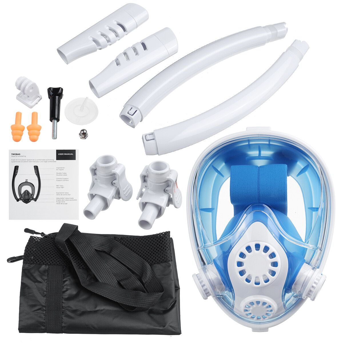 180° TWO Intake Tubes Silicone Diving Mirror Anti Fog Detachable Dry Snorkeling Full Face Set Scuba Diving Underwater Wide View Snorkel Swimming [XS/S/M/L/XL] For Adult Youth Child Blue L XL For Adult