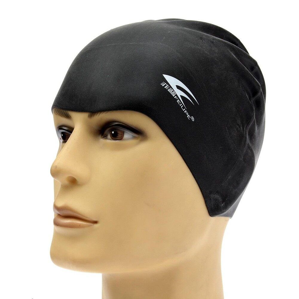 Durable Flexible Silicone Sporty Swimming Swim Cap Bathing Hat Men Ladies Adult Black Black