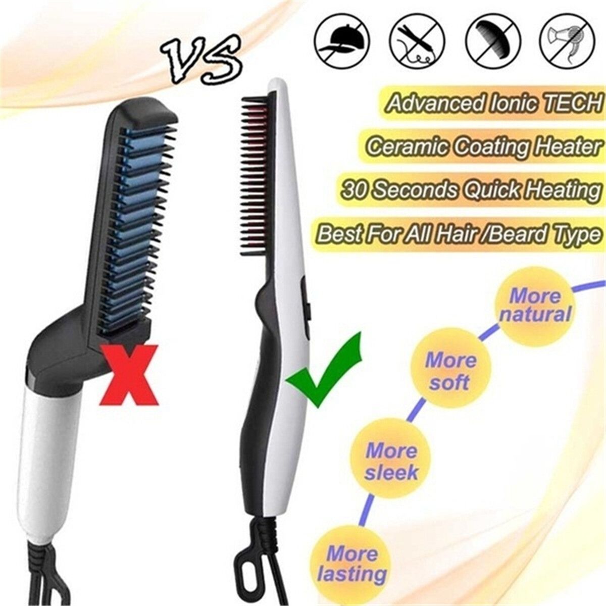 Electric Beard Straightener Comb Quick Heated Brush Styler For Men Women Travel Hair Styler UK Plug