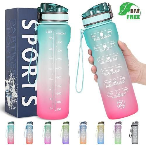 (Rose Pink)Motivational water bottle with time marker,leakproof  sports water bottle bpa free,fruit water bottle sports 1 liter
