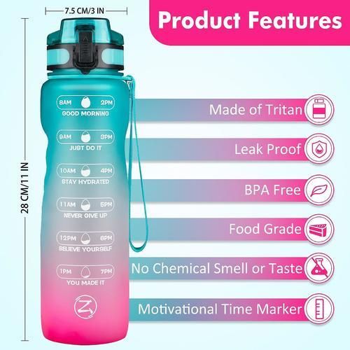 (Rose Pink)Motivational water bottle with time marker,leakproof  sports water bottle bpa free,fruit water bottle sports 1 liter