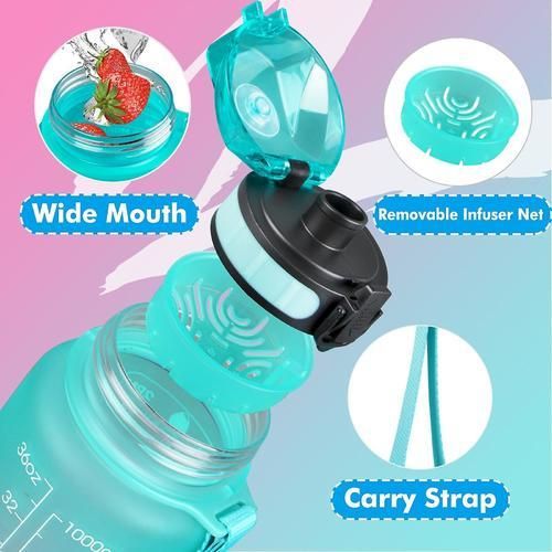 (Rose Pink)Motivational water bottle with time marker,leakproof  sports water bottle bpa free,fruit water bottle sports 1 liter