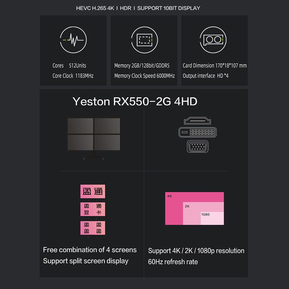 RX550-2G 4HD 4-Screen Graphics Card Support Split