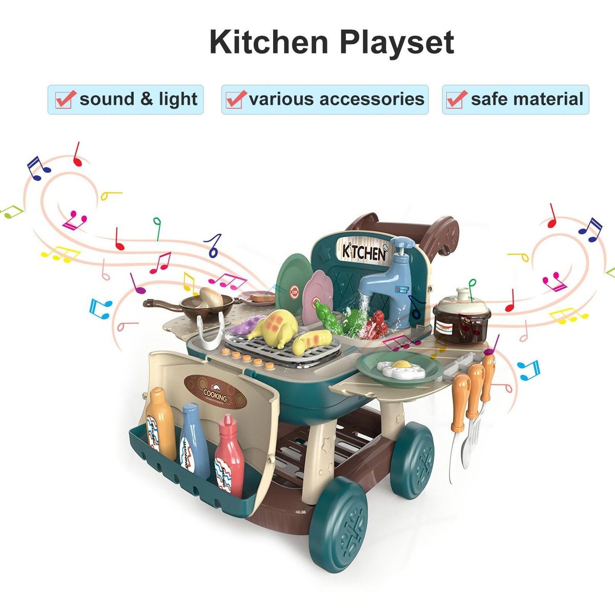 Kitchen Shopping Cart Toys Pretend Play Food Wash Sink Cooking Cookwares with Light and Sound Color Changing Funny Role Play Toy Christmas Birthday Gift for Kids Toddlers