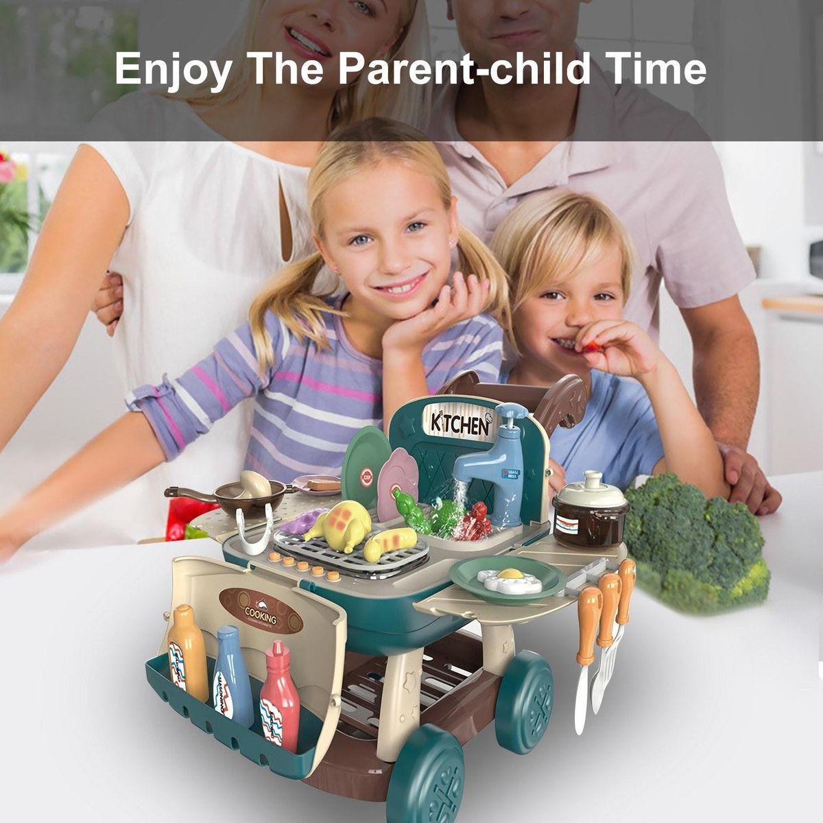 Kitchen Shopping Cart Toys Pretend Play Food Wash Sink Cooking Cookwares with Light and Sound Color Changing Funny Role Play Toy Christmas Birthday Gift for Kids Toddlers