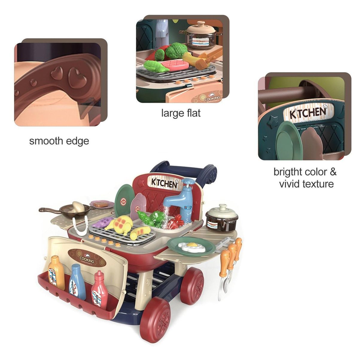 Kitchen Shopping Cart Toys Pretend Play Food Wash Sink Cooking Cookwares with Light and Sound Color Changing Funny Role Play Toy Christmas Birthday Gift for Kids Toddlers