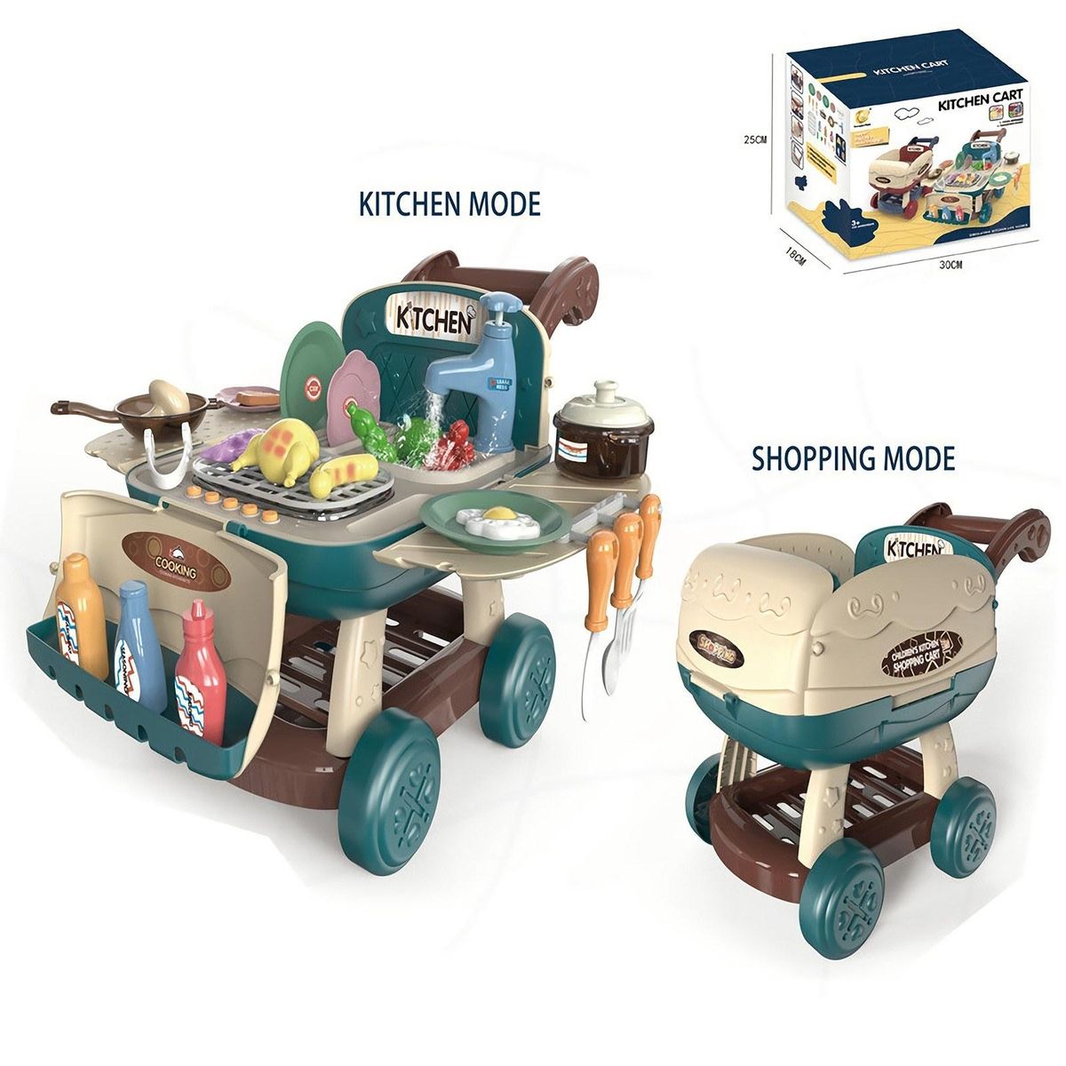 Kitchen Shopping Cart Toys Pretend Play Food Wash Sink Cooking Cookwares with Light and Sound Color Changing Funny Role Play Toy Christmas Birthday Gift for Kids Toddlers