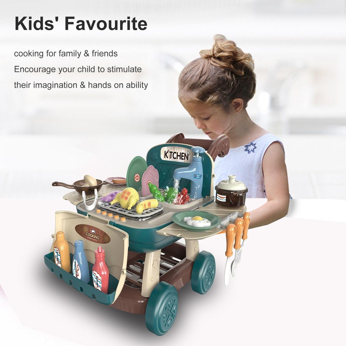 Kitchen Shopping Cart Toys Pretend Play Food Wash Sink Cooking Cookwares with Light and Sound Color Changing Funny Role Play Toy Christmas Birthday Gift for Kids Toddlers