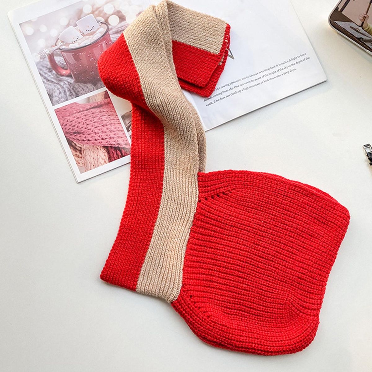 Scarf Hat Autumn Winter Women Knitting Hooded Scarf Red