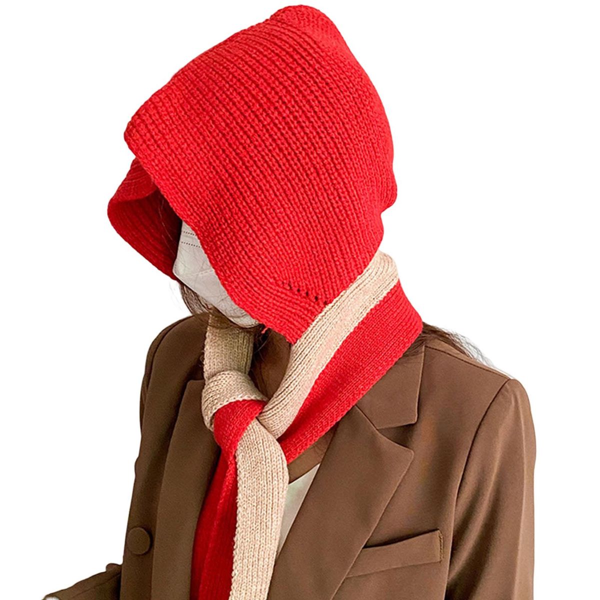 Scarf Hat Autumn Winter Women Knitting Hooded Scarf Red