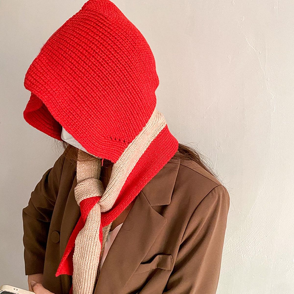 Scarf Hat Autumn Winter Women Knitting Hooded Scarf Red
