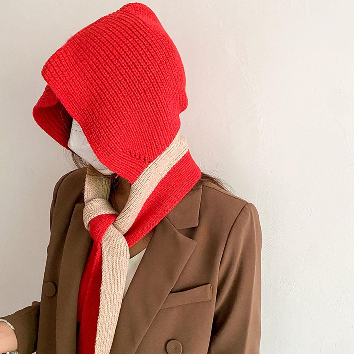 Scarf Hat Autumn Winter Women Knitting Hooded Scarf Red
