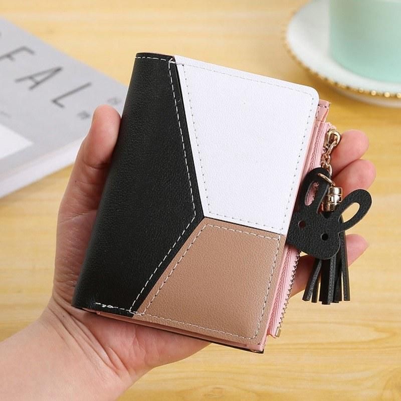Women Short Wallet PU Leather Splicing Zipper Tassel Card Holder Coin Purse Trendy Fashion Wallet