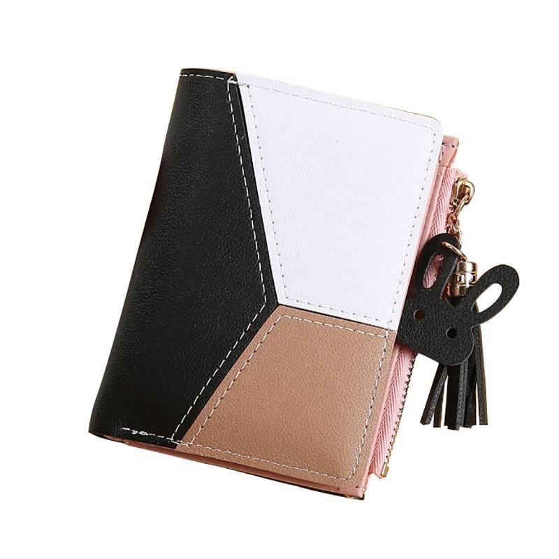 Women Short Wallet PU Leather Splicing Zipper Tassel Card Holder Coin Purse Trendy Fashion Wallet