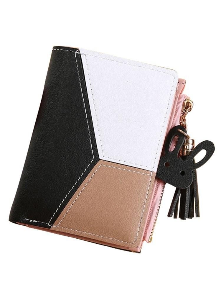 Women Short Wallet PU Leather Splicing Zipper Tassel Card Holder Coin Purse Trendy Fashion Wallet