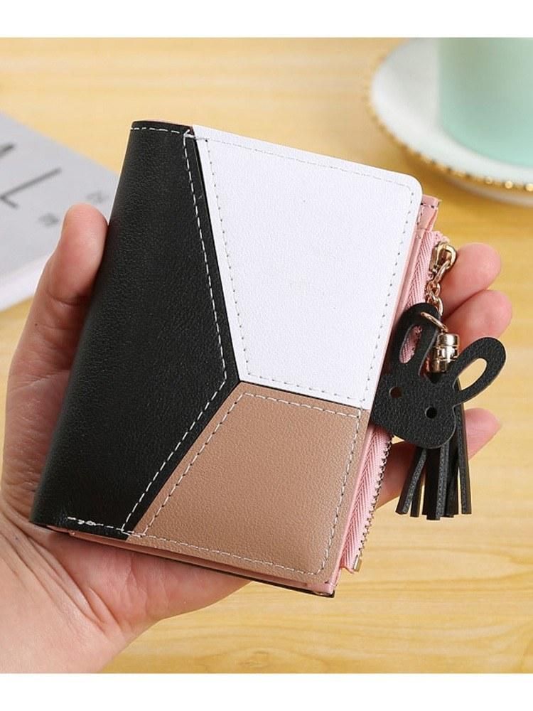 Women Short Wallet PU Leather Splicing Zipper Tassel Card Holder Coin Purse Trendy Fashion Wallet