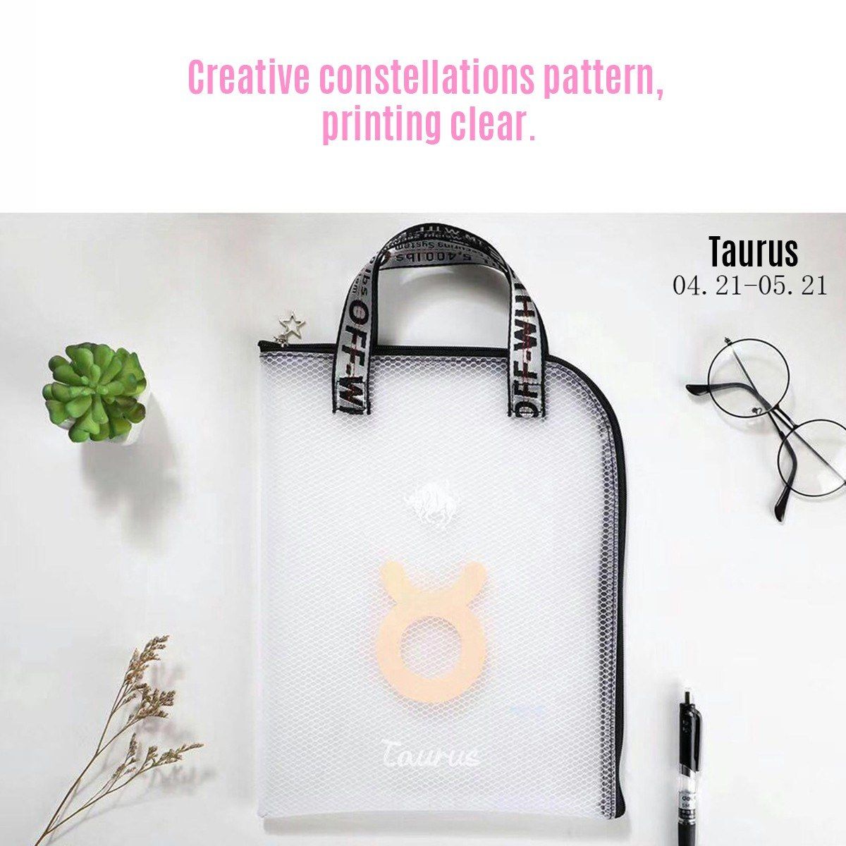 1pc Twelve Constellations EVA Zipper File Bag A4 Transparent