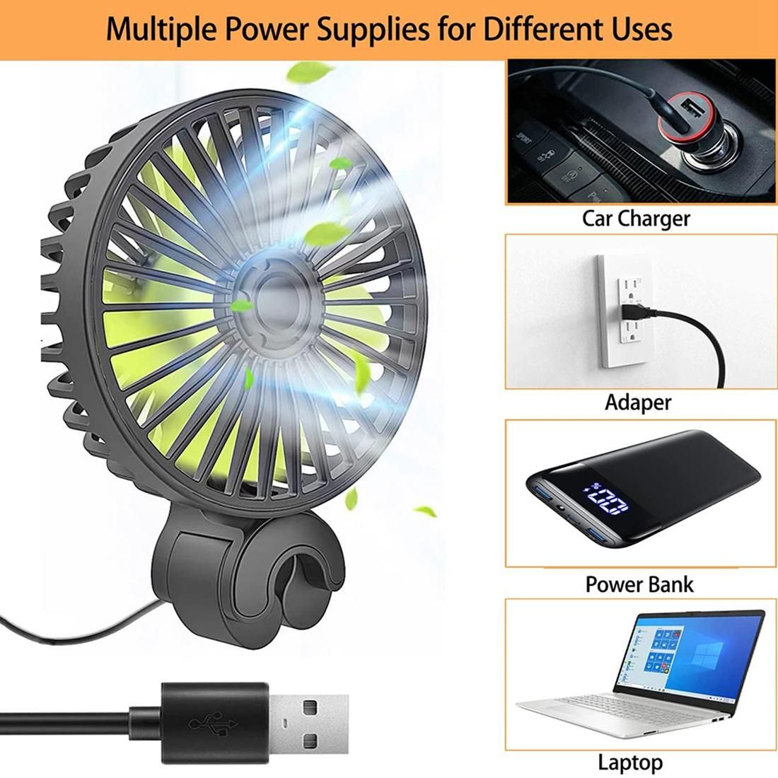 Car Cooling Fan, USB Backseat Auto Rear Seat Fan 3 Speed