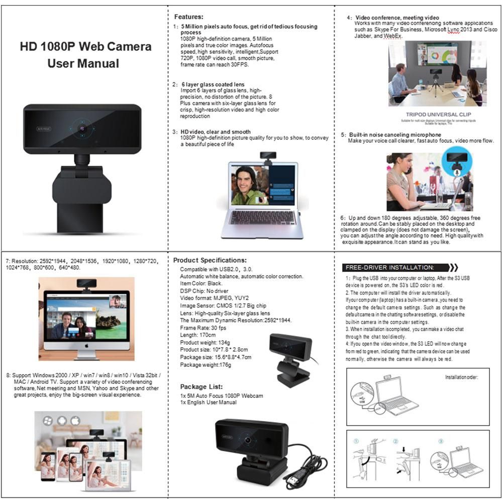 Webcam 1080P With Microphone Auto Focus Webcam Computer Camera Web Camera PC Webcam For Plug And Play Video Calling Black