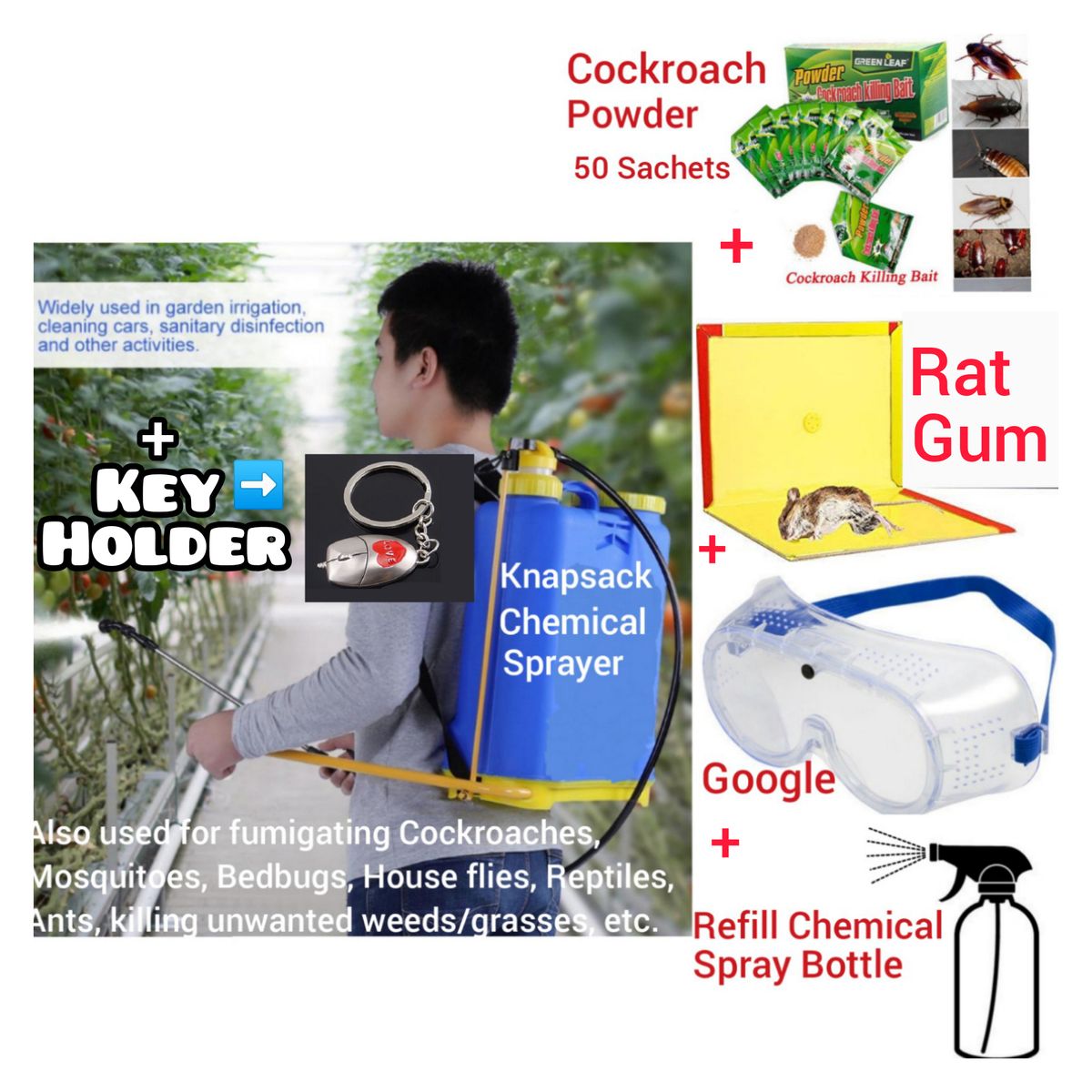 DIY - 16 Litres Knapsack Manual Chemical Sprinkler Fumigation Agriculture Gardening Farming Implement Tool Insecticide Pesticide Herbicide Fertilizer Sprayer Machine + Rat Gum + Cockroach Bait + Protective Google  + Spray Bot