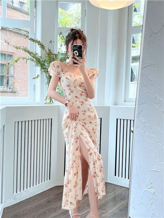 French Style Gentle Adult Lady like Woman Temperament Dress Summer Square Collar Split Short Sleeve Chiffon Floral Strap Dress Women's Clothing